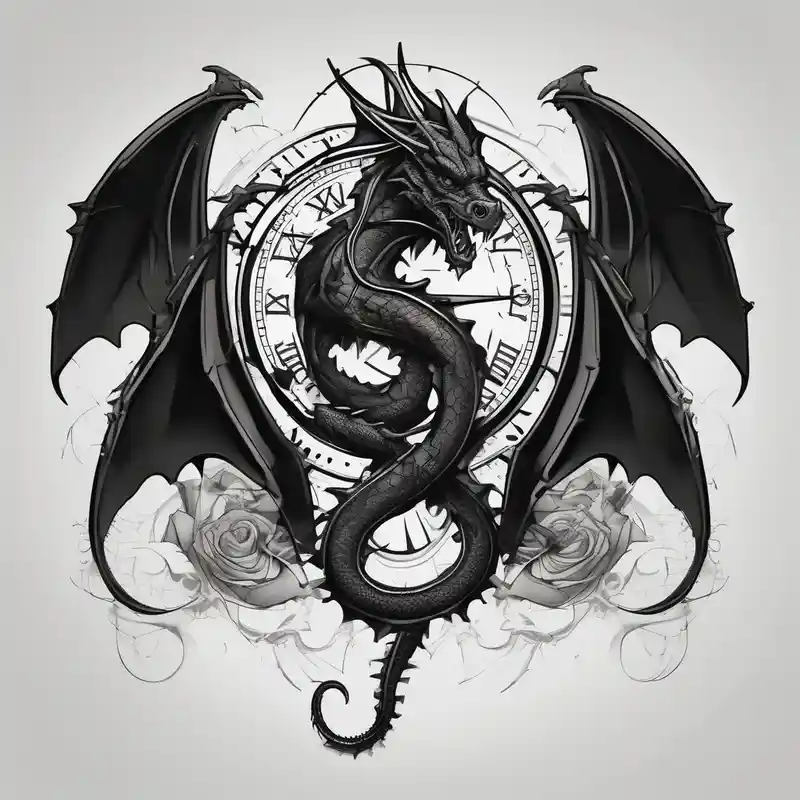 Dark dragon tattoo with clock and dollars on background drake tattoos